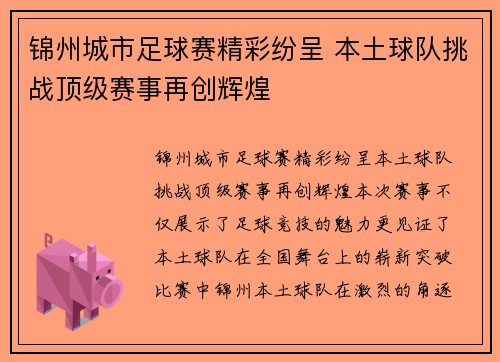 锦州城市足球赛精彩纷呈 本土球队挑战顶级赛事再创辉煌