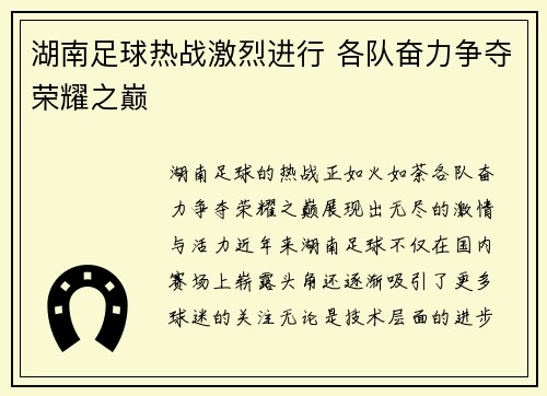 湖南足球热战激烈进行 各队奋力争夺荣耀之巅