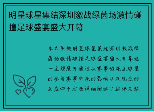 明星球星集结深圳激战绿茵场激情碰撞足球盛宴盛大开幕