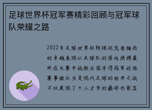 足球世界杯冠军赛精彩回顾与冠军球队荣耀之路