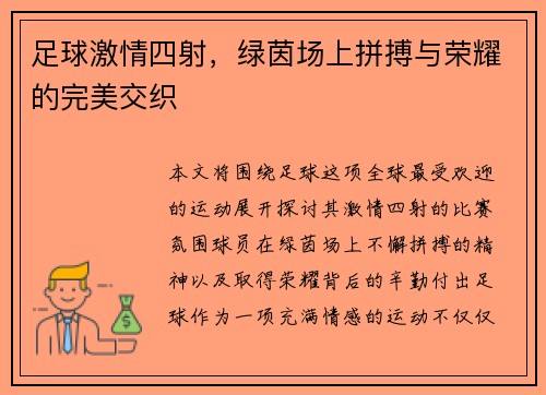 足球激情四射，绿茵场上拼搏与荣耀的完美交织