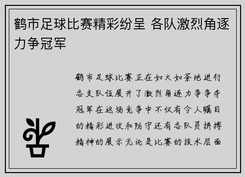 鹤市足球比赛精彩纷呈 各队激烈角逐力争冠军