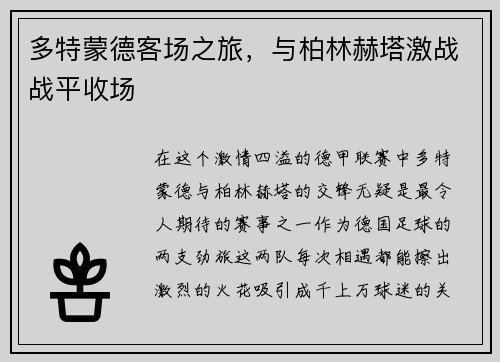 多特蒙德客场之旅，与柏林赫塔激战战平收场