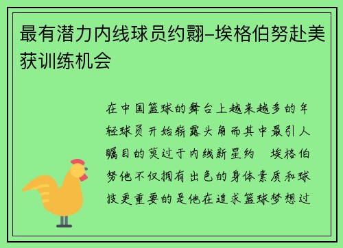 最有潜力内线球员约翾-埃格伯努赴美获训练机会