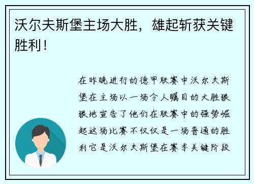 沃尔夫斯堡主场大胜，雄起斩获关键胜利！
