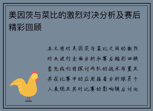 美因茨与菜比的激烈对决分析及赛后精彩回顾