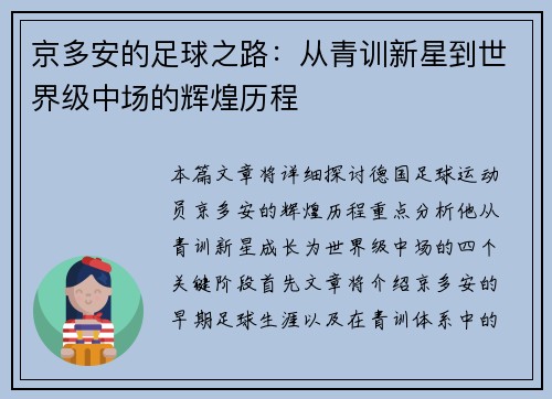 京多安的足球之路：从青训新星到世界级中场的辉煌历程