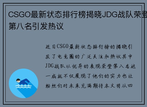 CSGO最新状态排行榜揭晓JDG战队荣登第八名引发热议
