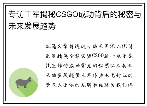 专访王军揭秘CSGO成功背后的秘密与未来发展趋势