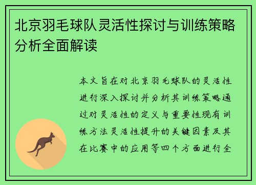 北京羽毛球队灵活性探讨与训练策略分析全面解读